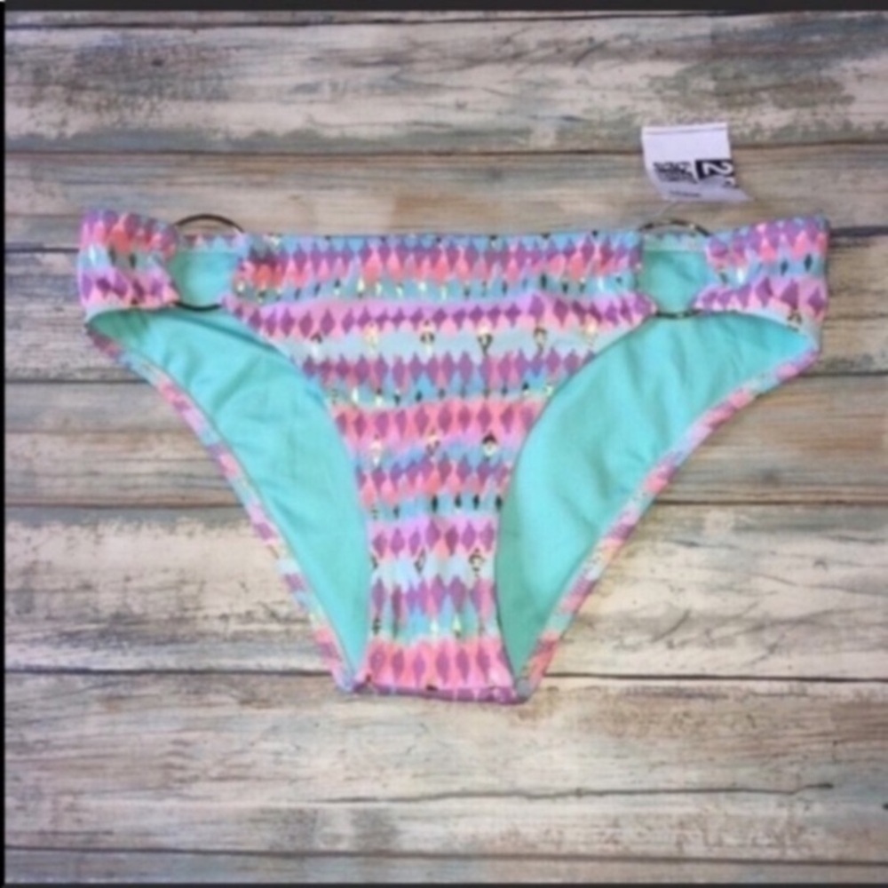 Shade & Shore Boho Bikini Bottoms Small Pink Blue Pattern Ring Side Swim